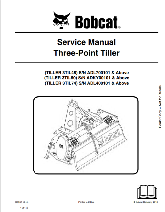 BOBCAT 3TIL48, 3TIL60, 3TIL74 THREE-PONT TILLER SERVICE MANUAL 6987115 PDF