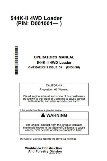 John Deere 544K-II 4WD Loader Operator Manual OMT386124X19