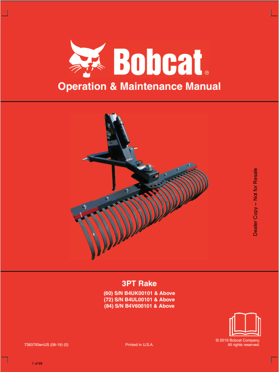 BOBCAT 60, 72, 84 3PT RAKE OPERATION AND MAINTENANCE MANUAL 7383793 PDF
