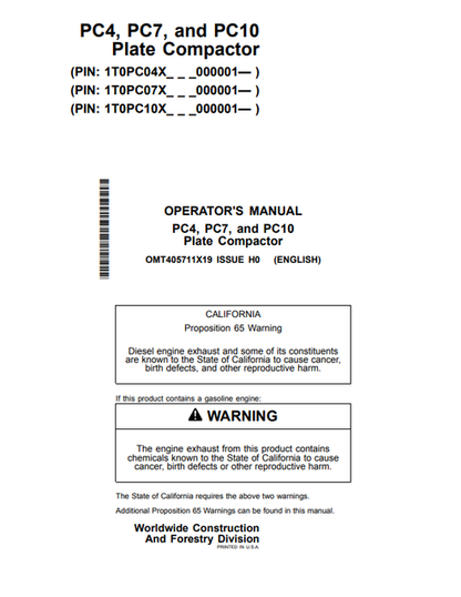 John Deere PC4, PC7, And PC10 Plate Compactor Operator Manual OMT405711X19