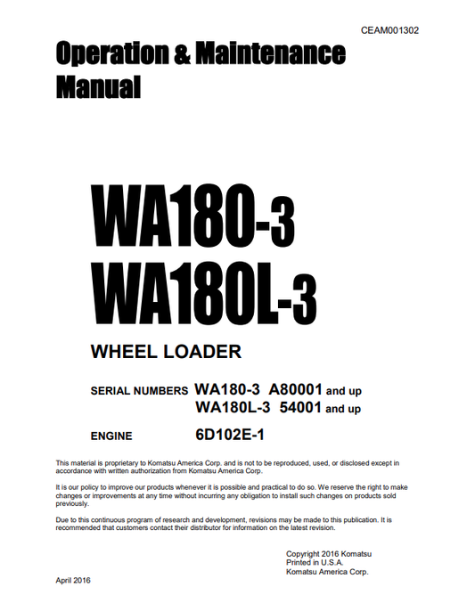 Komatsu WA180-3, WA180L-3 Wheel Loader Operation And Maintenance Manual A80001 and up, 54001 and up Engine 6D102E-1 - PDF File