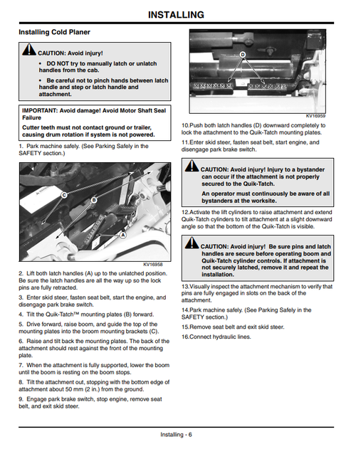 John Deere CP12, CP16, CP18, & CP24 Cold Planer Operator Manual OMKV16792