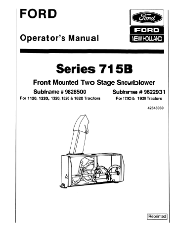 New Holland Series 715B Front Mount Two Stage Snow Blower Operator Manual 42648030 PDF