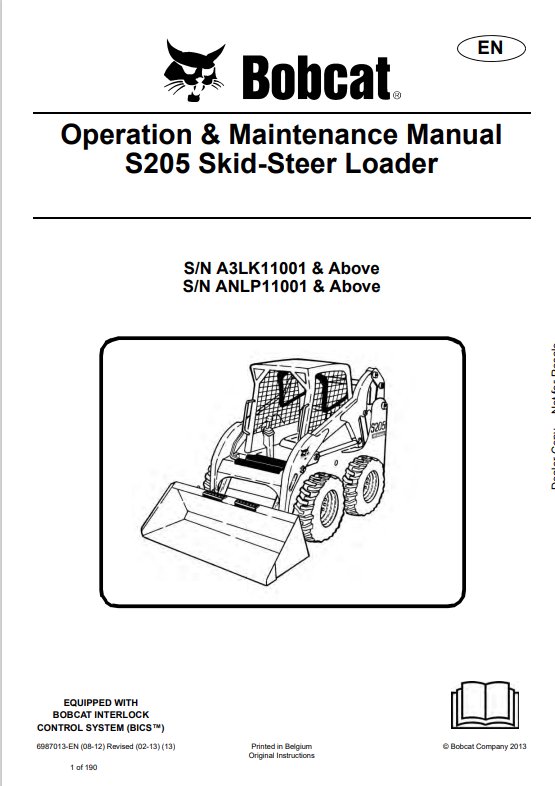 BOBCAT S205 SKID STEER LOADER OPERATION AND MAINTENANCE MANUAL 6987013 PDF