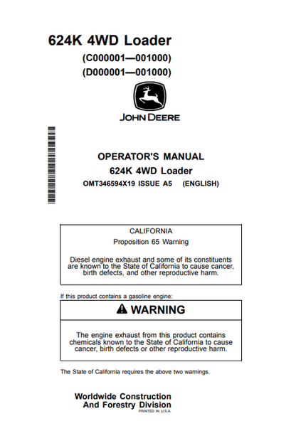 John Deere 624K 4WD Loader Operator Manual OMT346594X19