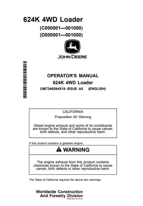 John Deere 624K 4WD Loader Operator Manual OMT346594X19