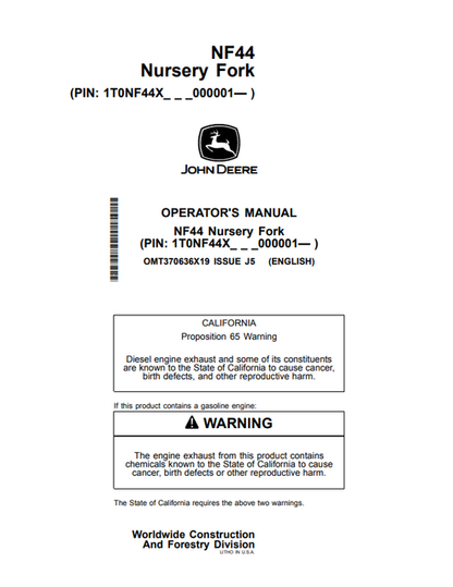 John Deere NF44 Nursery Fork Operator Manual OMT370636X19