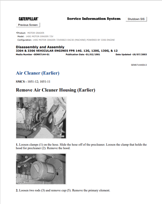 Caterpillar Cat 140G Motor Grader Service and Repair Manual PDF | S/N 72V