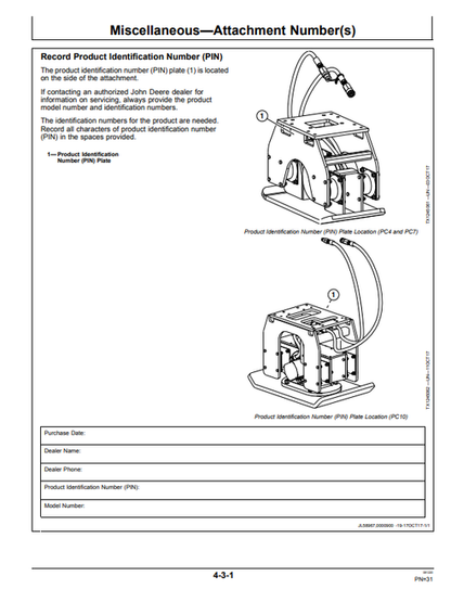 John Deere PC4, PC7, And PC10 Plate Compactor Operator Manual OMT405711X19