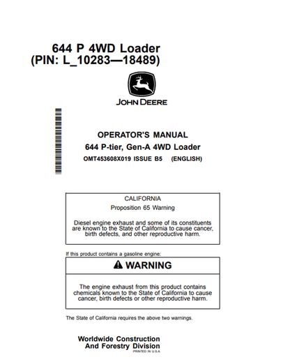 John Deere 644 P-Tier, Gen-A 4WD Loader Operator Manual OMT453608X019
