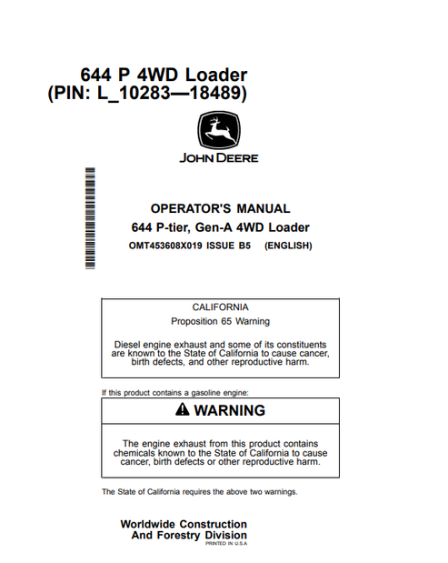John Deere 644 P-Tier, Gen-A 4WD Loader Operator Manual OMT453608X019