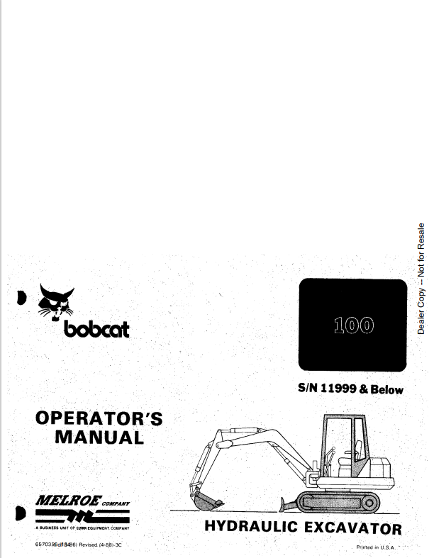 BOBCAT 100 HYDRAULIC EXCAVATOR OPERATOR MANUAL 6570356 PDF