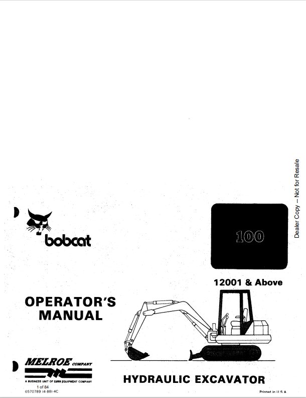 BOBCAT 100 HYDRAULIC EXCAVATOR OPERATOR MANUAL 6570789 PDF