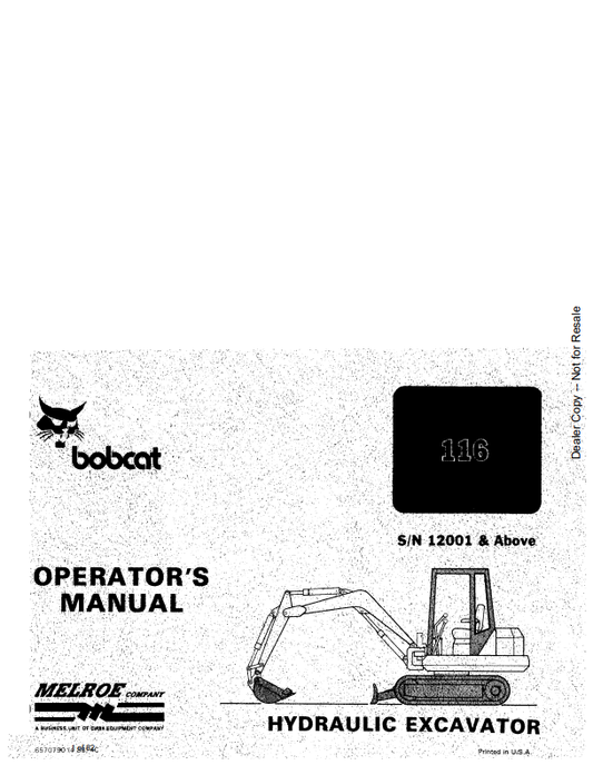 BOBCAT 116 HYDRAULIC EXCAVATOR OPERATOR MANUAL 6570790 PDF