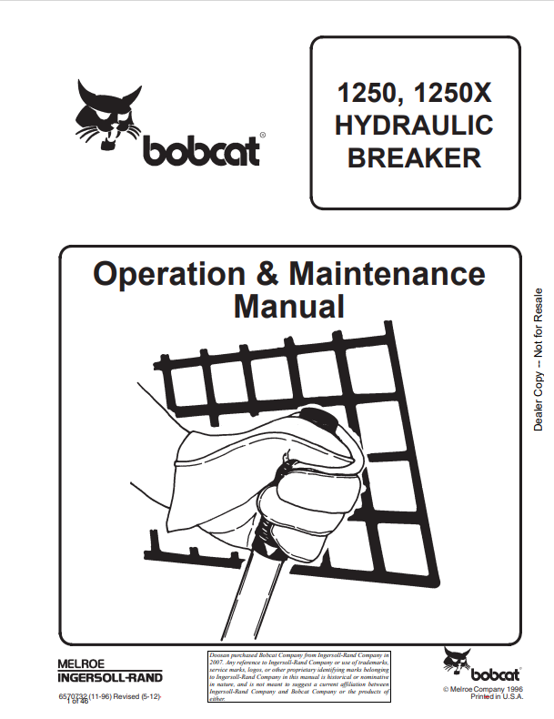 BOBCAT 1250, 1250X HYDRAULIC BREAKER OPERATION AND MAINTENANCE MANUAL 6570732 PDF