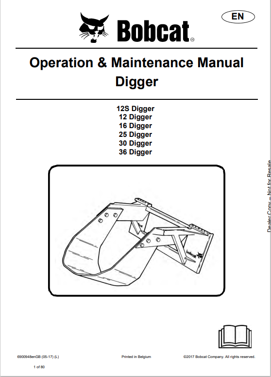 BOBCAT 12S, 12, 16, 25, 30, 36 DIGGER OPERATION AND MAINTENANCE MANUAL 6900948 PDF