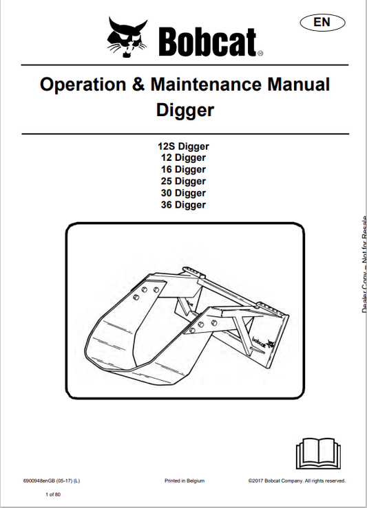 BOBCAT 12S, 12, 16, 25, 30, 36 DIGGER OPERATION AND MAINTENANCE MANUAL 6900948 PDF