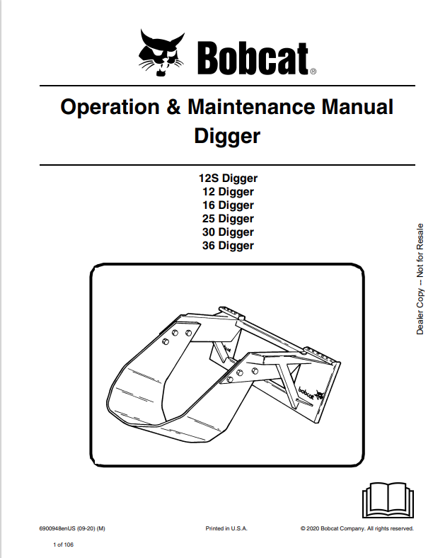 BOBCAT 12S, 12, 16, 25, 30, 36 DIGGER OPERATION AND MAINTENANCE MANUAL 6900948 PDF
