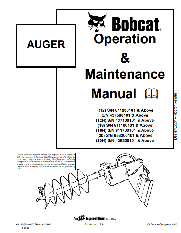 BOBCAT 12, 12H, 18, 18H, 20, 20H AUGER OPERATION AND MAINTENANCE MANUAL 6724838 PDF