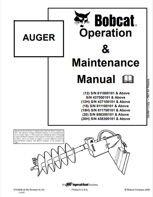 BOBCAT 12, 12H, 18, 18H, 20, 20H AUGER OPERATION AND MAINTENANCE MANUAL 6724838 PDF