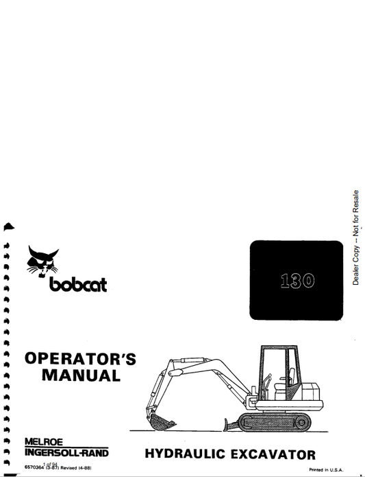 BOBCAT 130 HYDRAULIC EXCAVATOR OPERATOR MANUAL 6570364 PDF