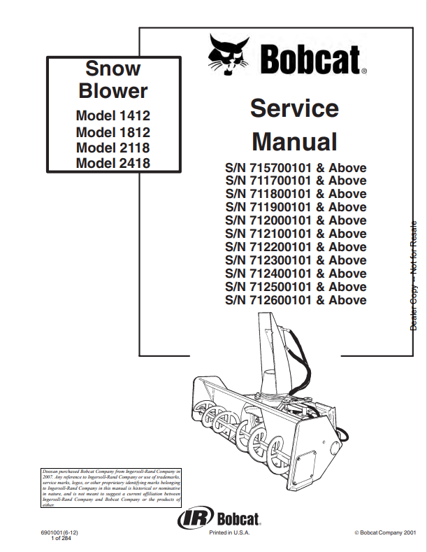 BOBCAT 1412, 1812, 2118, 2418 SNOW BLOWER SERVICE MANUAL 6901001 PDF