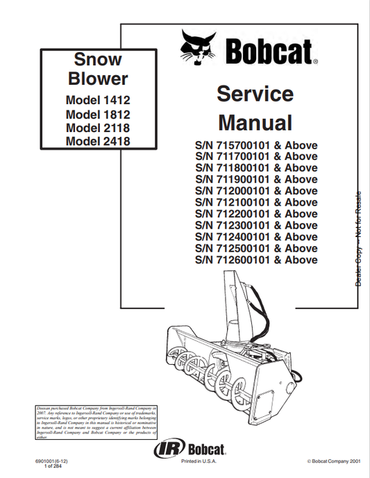 BOBCAT 1412, 1812, 2118, 2418 SNOW BLOWER SERVICE MANUAL 6901001 PDF