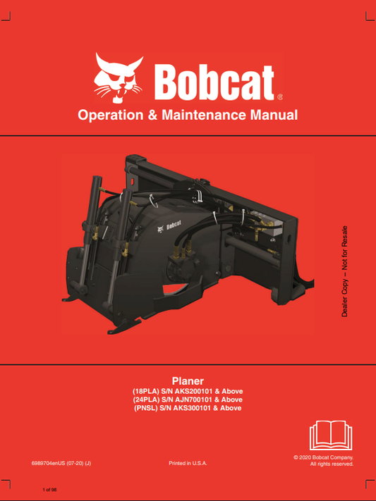BOBCAT 18PLA, 24PLA, PNSFL PLANER OPERATION AND MAINTENANCE MANUAL 6989704 PDF