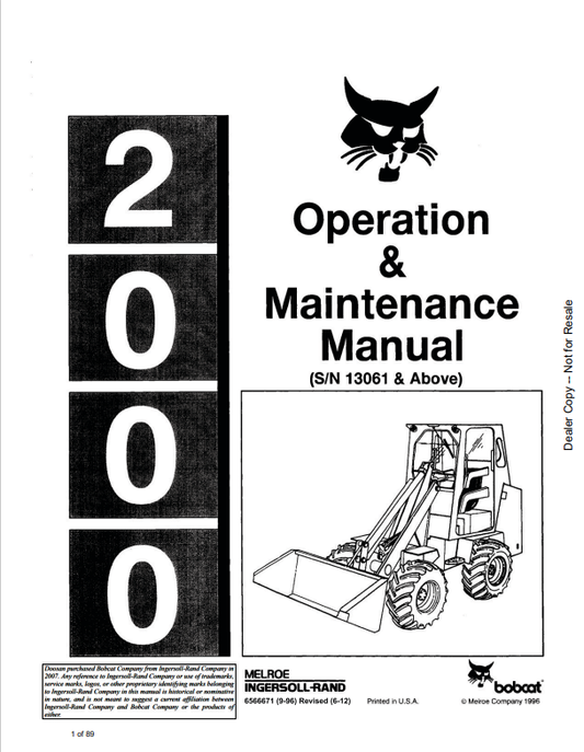 BOBCAT 2000 LOADER OPERATION AND MAINTENANCE MANUAL 6566671 PDF