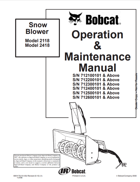 BOBCAT 2118, 2418 SNOWBLOWER OPERATION AND MAINTENANCE MANUAL 6901170 PDF