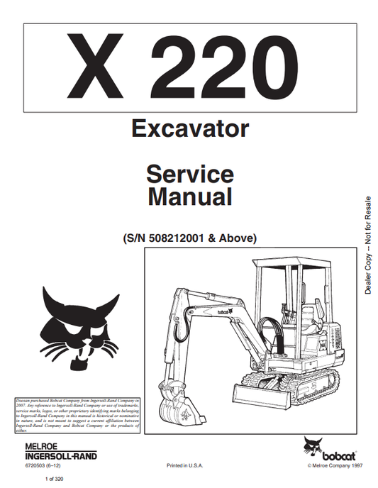 BOBCAT 220 EXCAVATOR SERVICE MANUAL 6720503 PDF