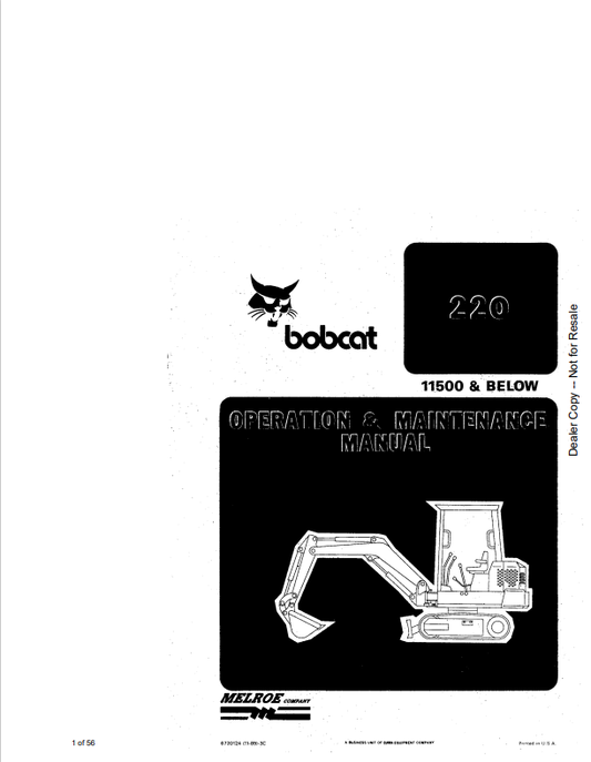 BOBCAT 220 HYDRAULIC EXCAVATOR OPERATION AND MAINTENANCE MANUAL 6720124 PDF
