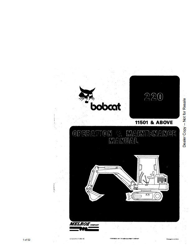 BOBCAT 220 HYDRAULIC EXCAVATOR OPERATION AND MAINTENANCE MANUAL 6720379 PDF