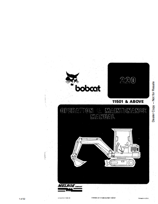 BOBCAT 220 HYDRAULIC EXCAVATOR OPERATION AND MAINTENANCE MANUAL 6720379 PDF