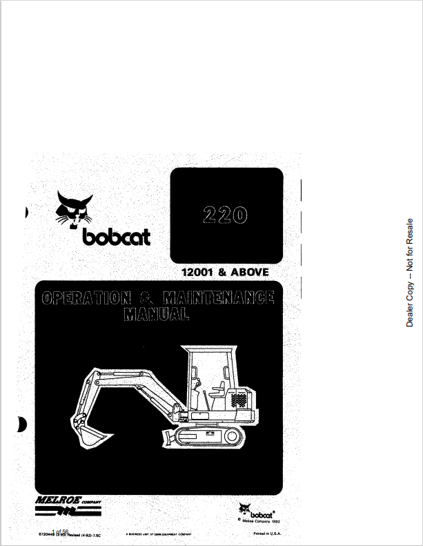 BOBCAT 220 HYDRAULIC EXCAVATOR OPERATION AND MAINTENANCE MANUAL 6720448 PDF