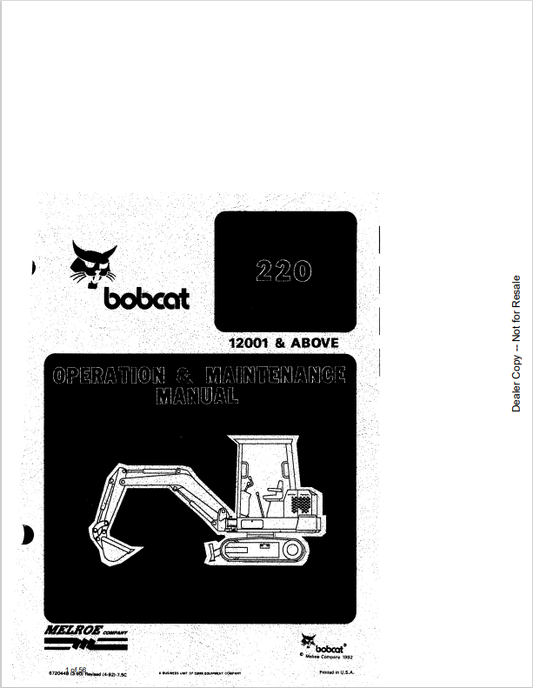 BOBCAT 220 HYDRAULIC EXCAVATOR OPERATION AND MAINTENANCE MANUAL 6720448 PDF