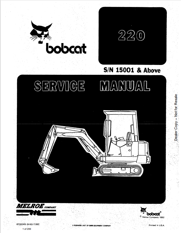 BOBCAT 220 HYDRAULIC EXCAVATOR SERVICE MANUAL 6722345 PDF