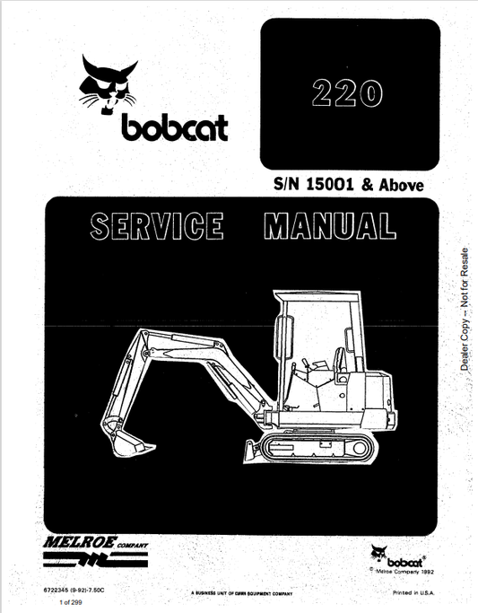 BOBCAT 220 HYDRAULIC EXCAVATOR SERVICE MANUAL 6722345 PDF