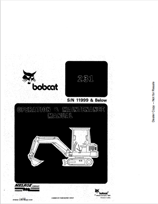 BOBCAT 231 EXCAVATOR OPERATION AND MAINTENANCE MANUAL 6720421 PDF