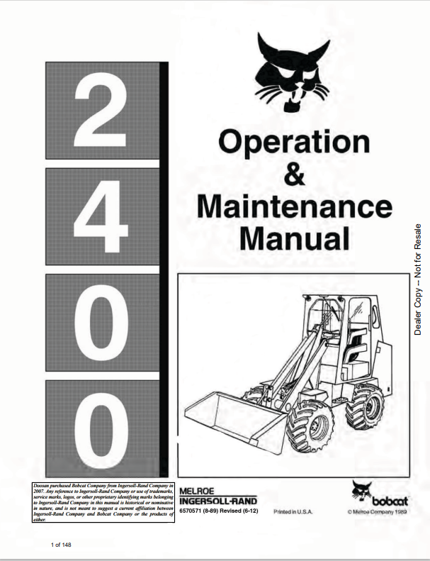 BOBCAT 2400 LOADER OPERATION AND MAINTENANCE MANUAL 6570571 PDF