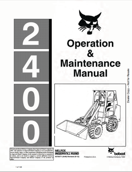 BOBCAT 2400 LOADER OPERATION AND MAINTENANCE MANUAL 6570571 PDF