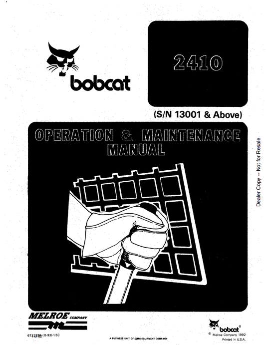 BOBCAT 2410 LOADER OPERATION AND MAINTENANCE MANUAL 6722326 PDF