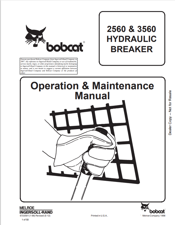 BOBCAT 2560, 3560 HYDRAULIC BREAKER OPERATION AND MAINTENANCE MANUAL 6722591 PDF