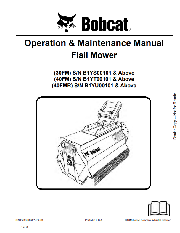 BOBCAT 30FM, 40FM, 40FMR FLAIL MOWER OPERATION AND MAINTENANCE MANUAL 6990523 PDF