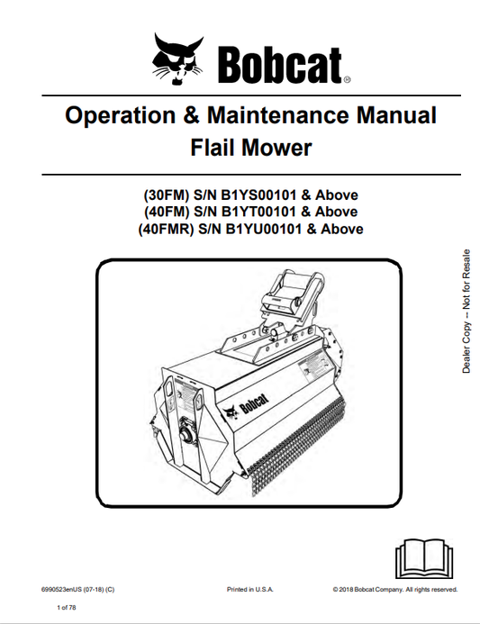 BOBCAT 30FM, 40FM, 40FMR FLAIL MOWER OPERATION AND MAINTENANCE MANUAL 6990523 PDF