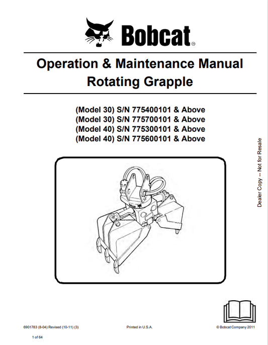 BOBCAT 30, 40 ROTATING GRAPPLE OPERATION AND MAINTENANCE MANUAL 6901783 PDF