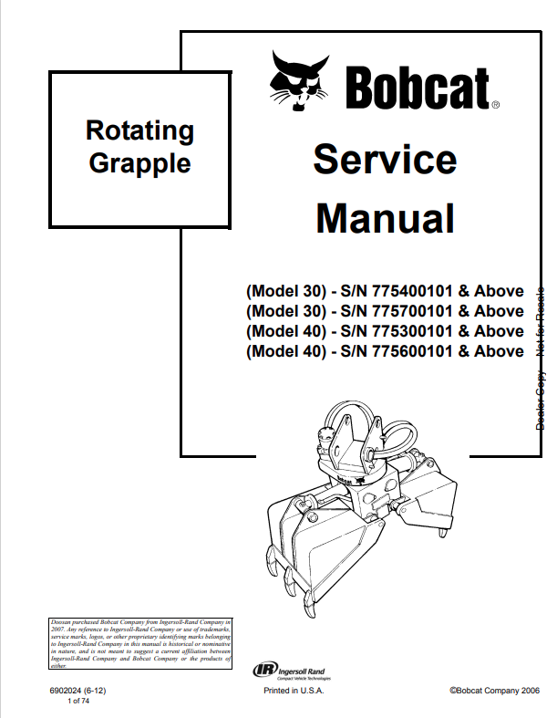 BOBCAT 30, 40 ROTATING GRAPPLE SERVICE MANUAL 6902024 PDF