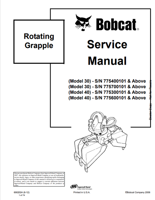BOBCAT 30, 40 ROTATING GRAPPLE SERVICE MANUAL 6902024 PDF