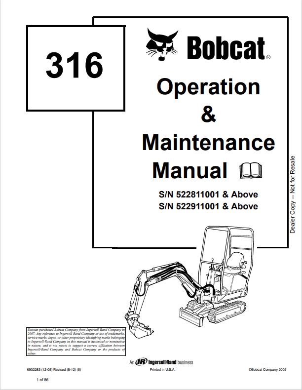 BOBCAT 316 LOADER OPERATION AND MAINTENANCE MANUAL 6902283 PDF