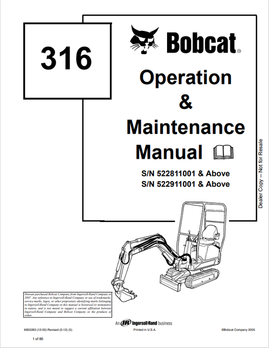 BOBCAT 316 LOADER OPERATION AND MAINTENANCE MANUAL 6902283 PDF